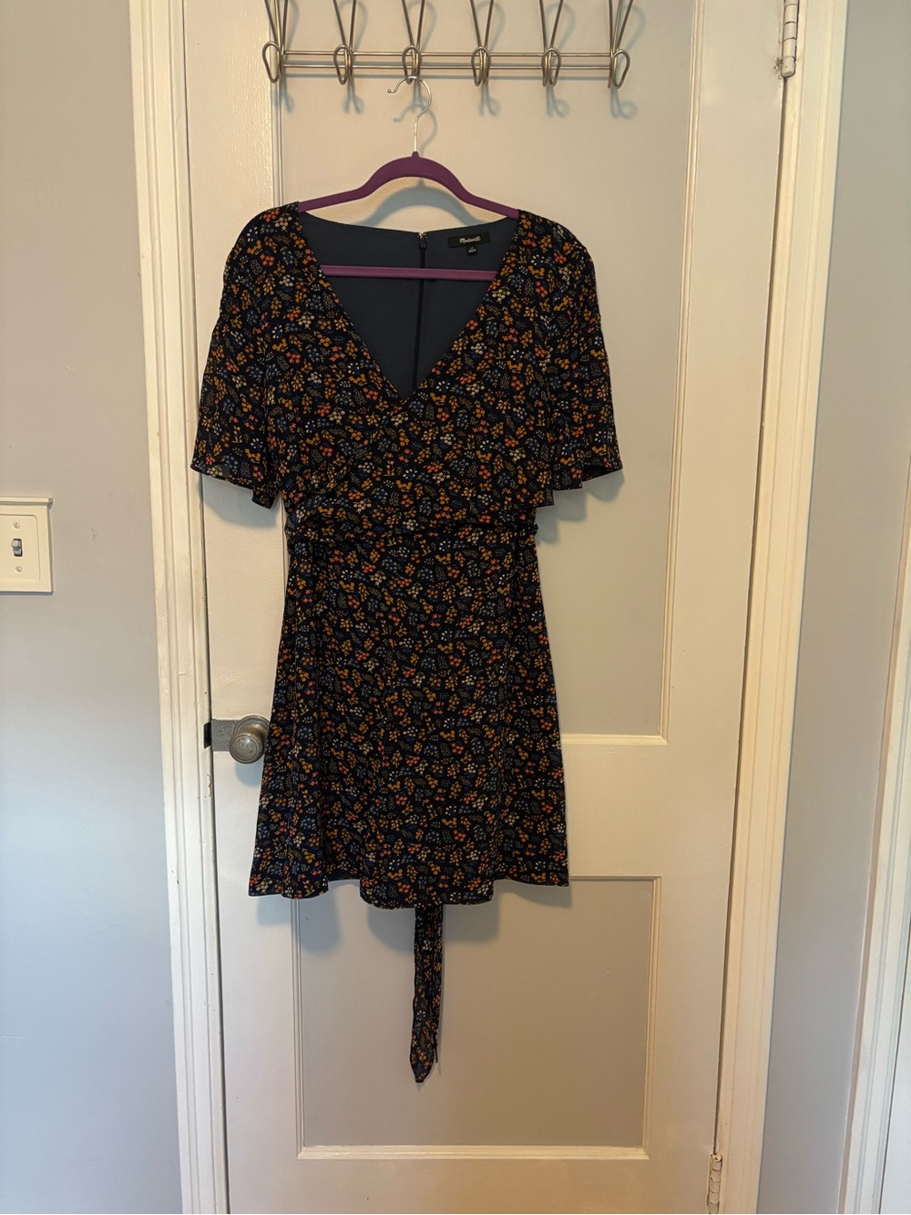 Floral Wrap Mini Dress - Navy with Orange & Yellow Flowers